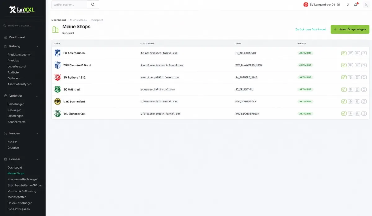 fanXXL-Backend „Meine Shops": sechs Vereinsshops mit eigener Subdomain, Status und Aktionen an einer Stelle