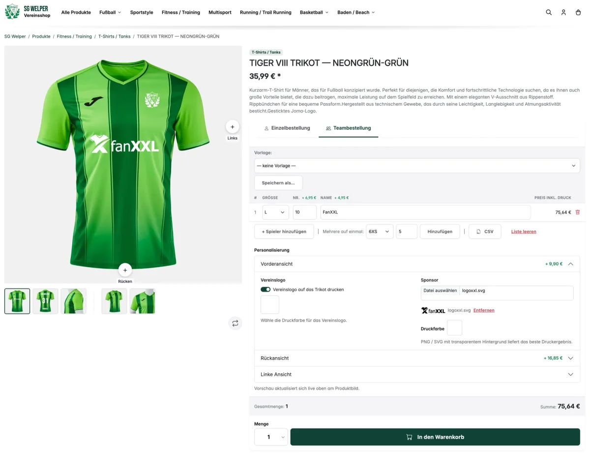 Vereinsshop SG Welper — Teambestellung am Trikot mit Größen, Nummern und Namen sowie Personalisierung von Vereinslogo und Sponsor