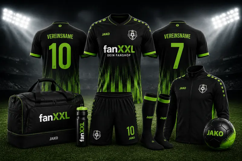 Trikotsatz mit Trainingsjacke, Shorts, Stutzen und Sporttasche in Schwarz-Grün mit fanXXL-Branding